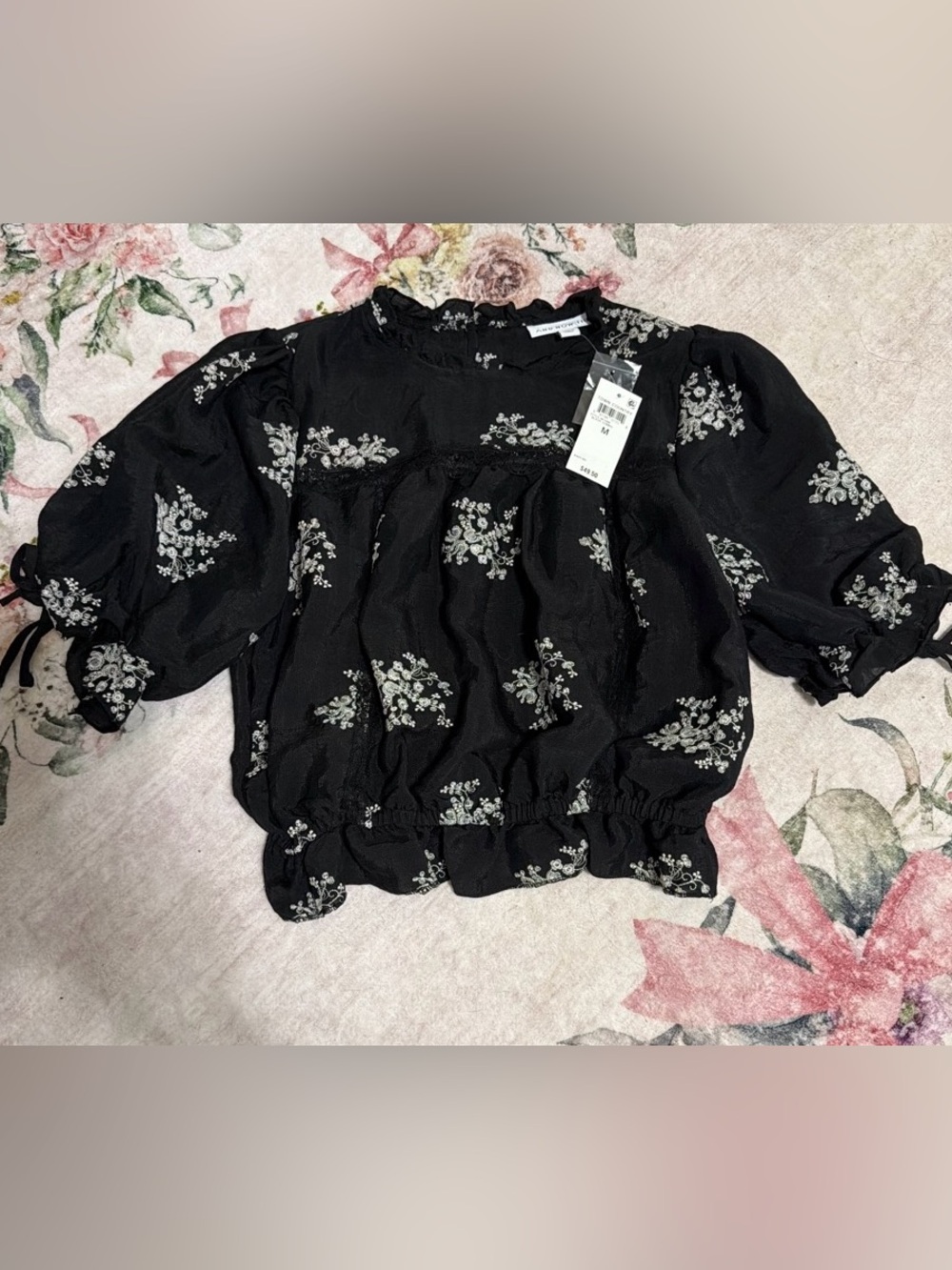 And Now This Black Floral Puff-Sleeve Smocked Hem Blouse